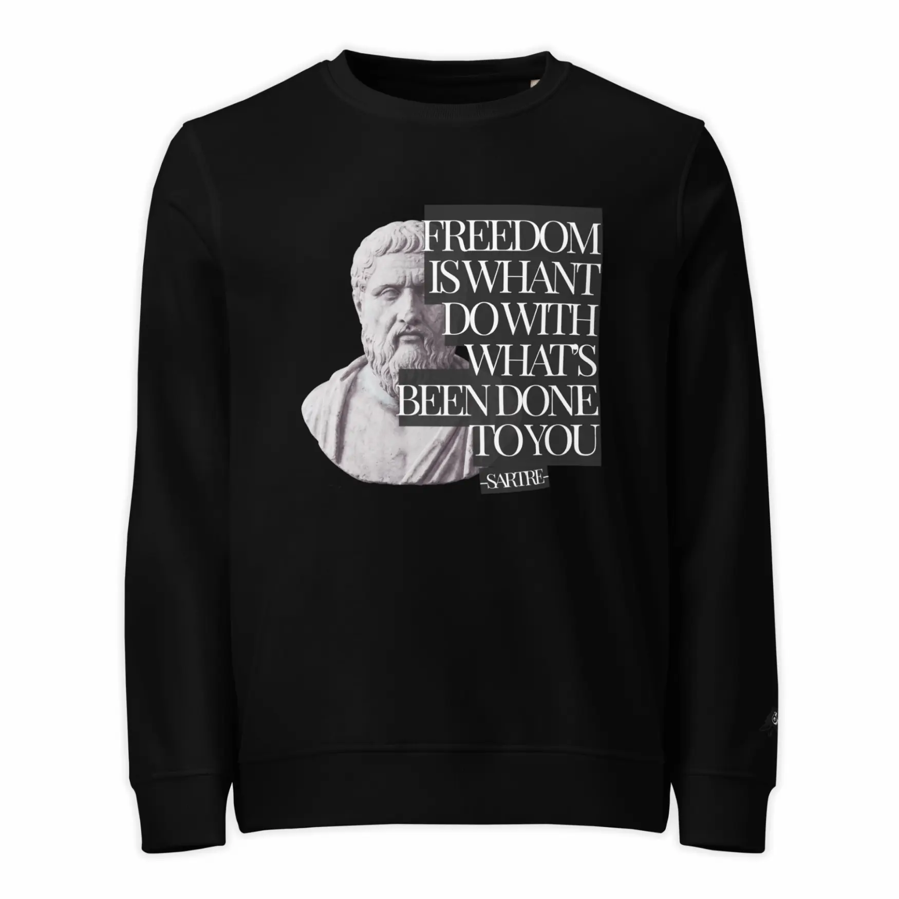 black sweatshirt street culture sartre front