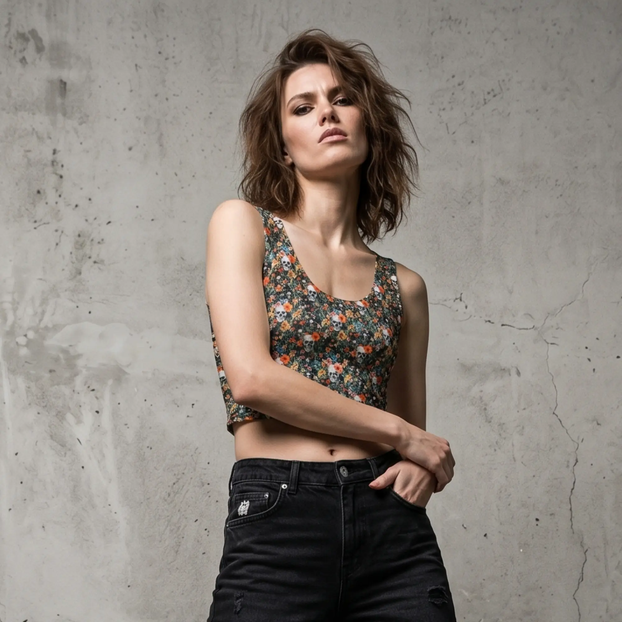 short tank top noir skull flowers