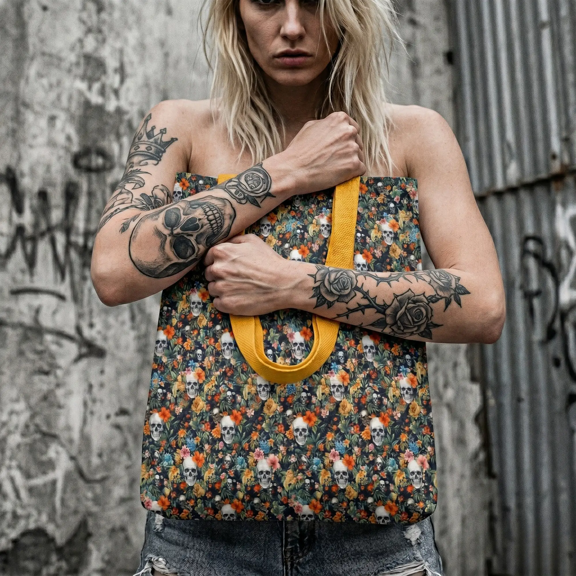 tote bag noir skull flowers