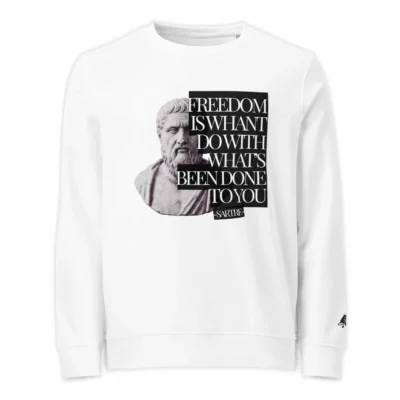 white sweatshirt street culture sartre front