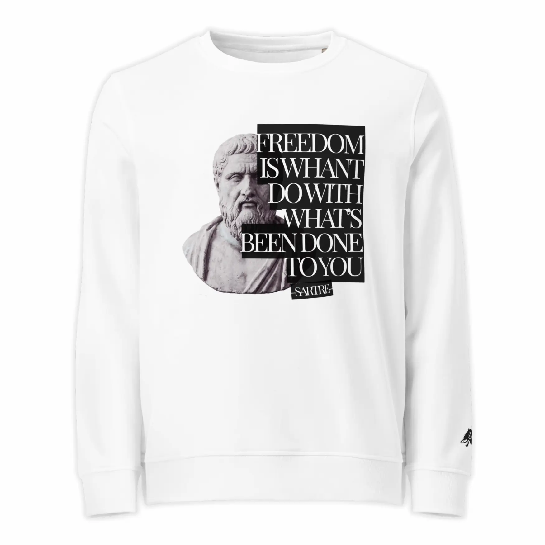 white sweatshirt street culture sartre front