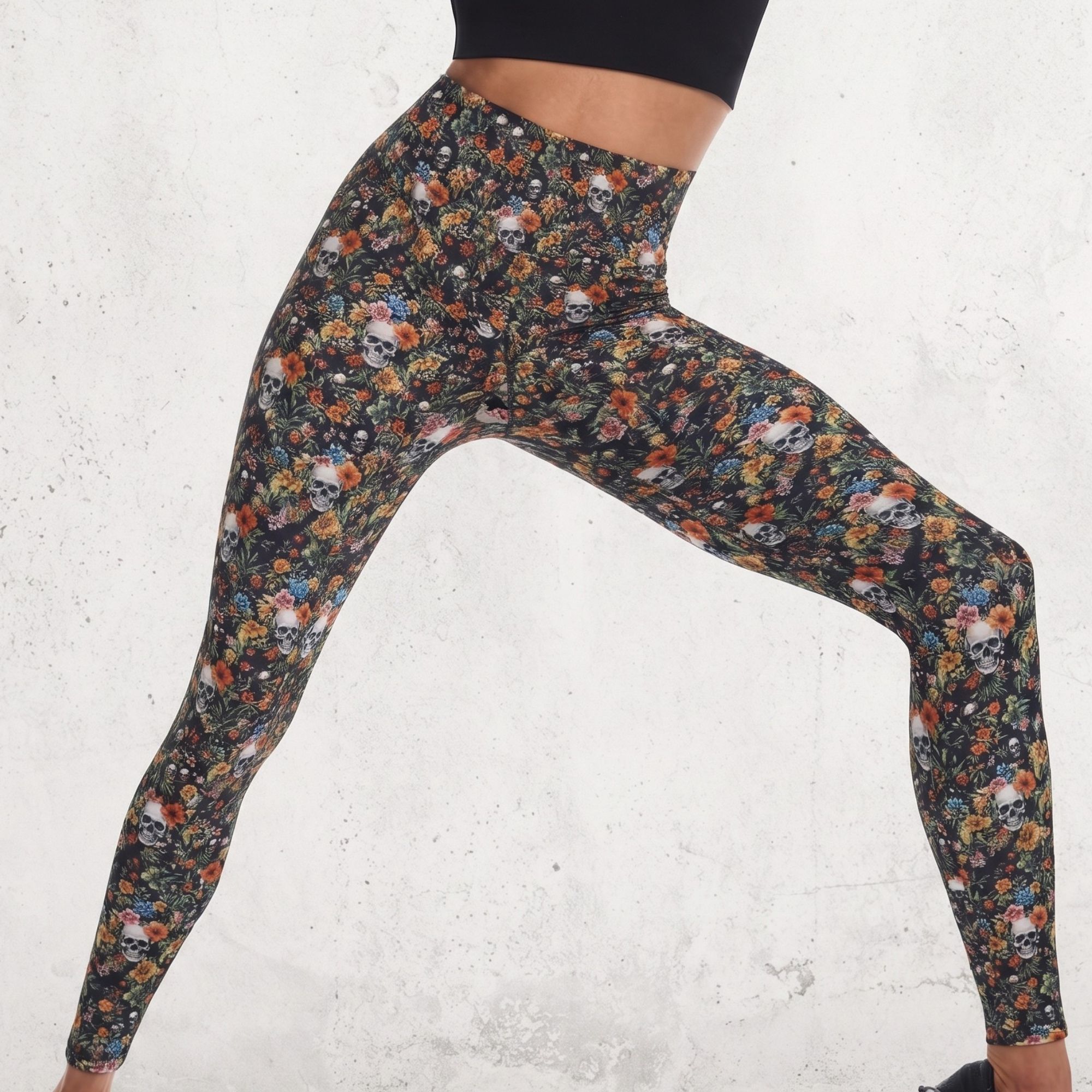 leggings noir skull flowers front