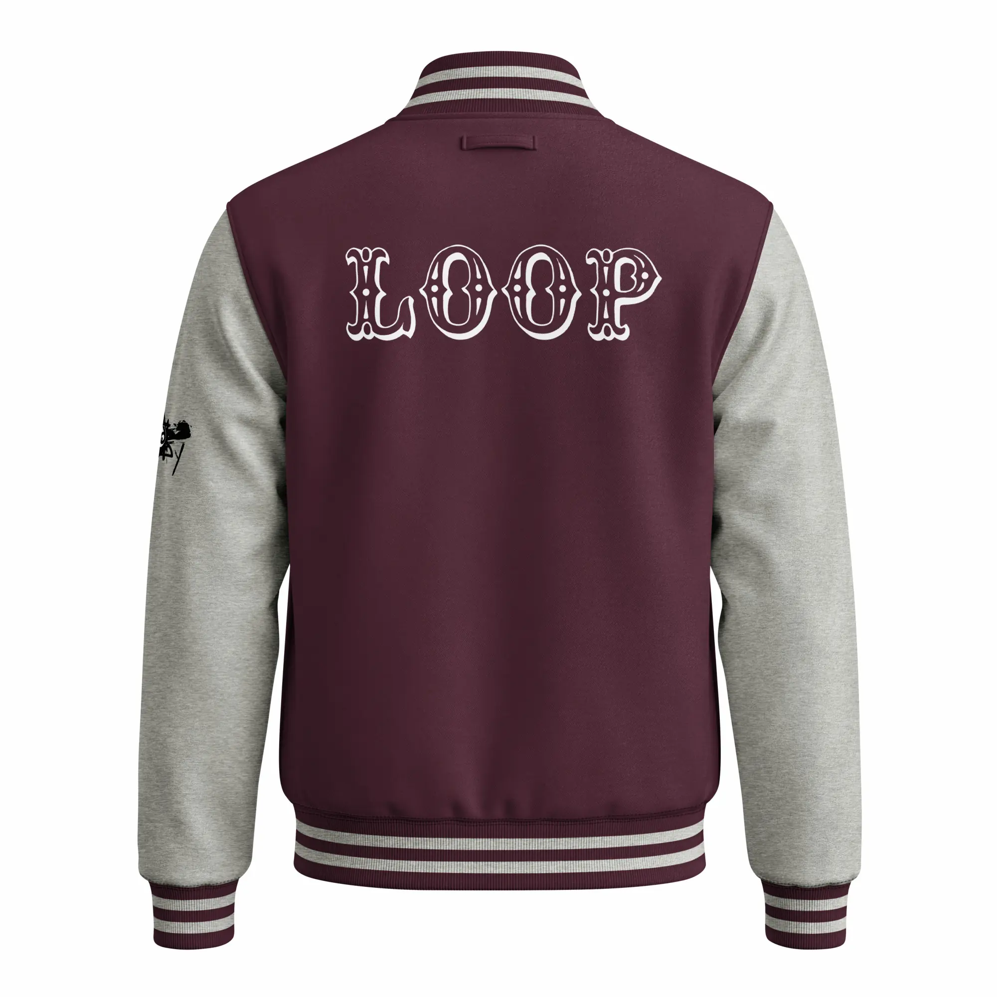 womens varsity jacket burgundy heather grey back