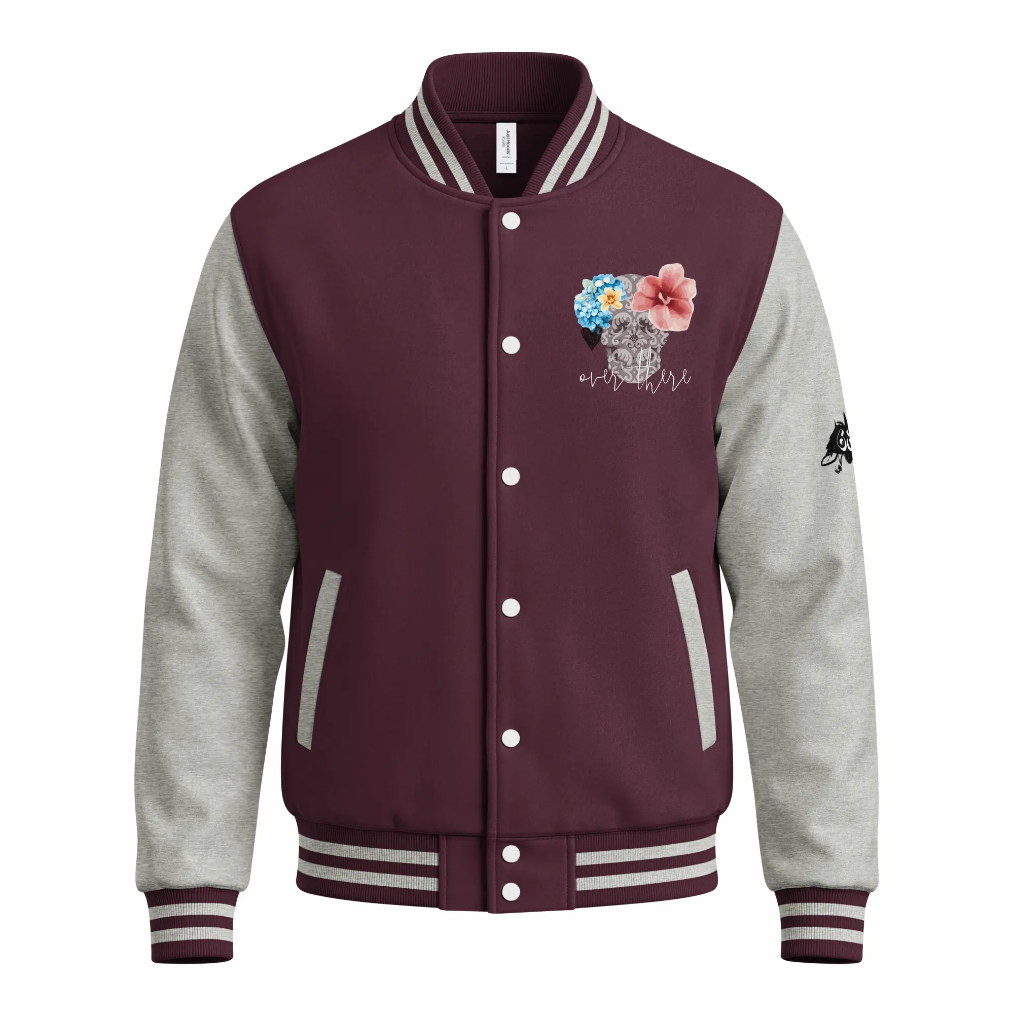 womens varsity jacket burgundy heather grey front