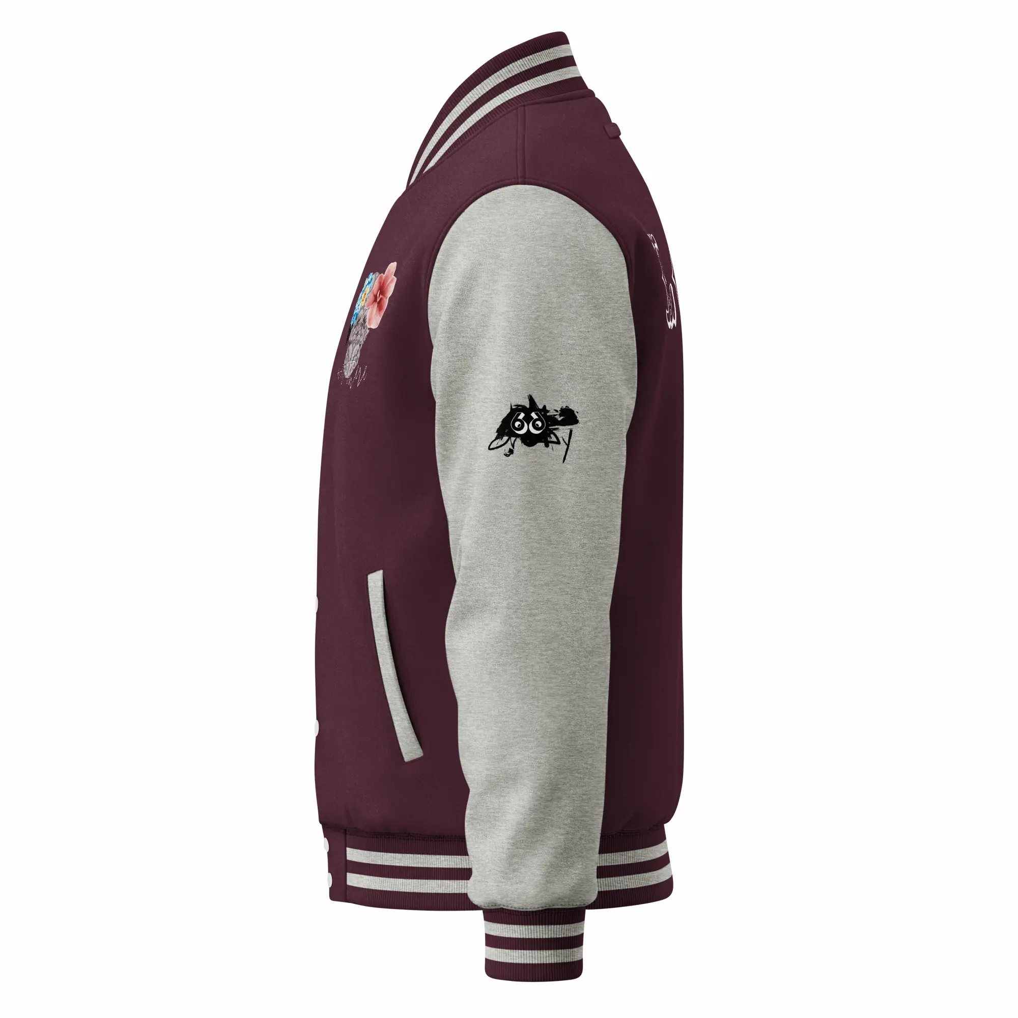 womens varsity jacket burgundy heather grey left