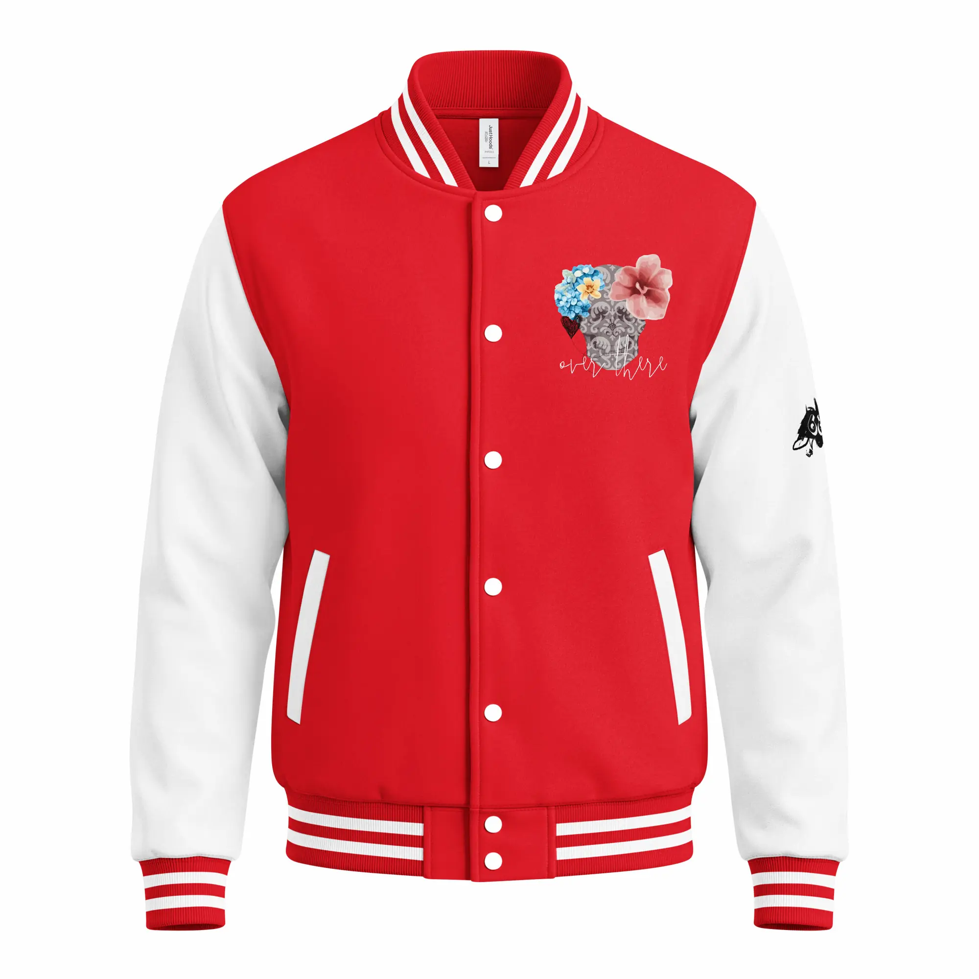 womens varsity jacket fire red arctic white front