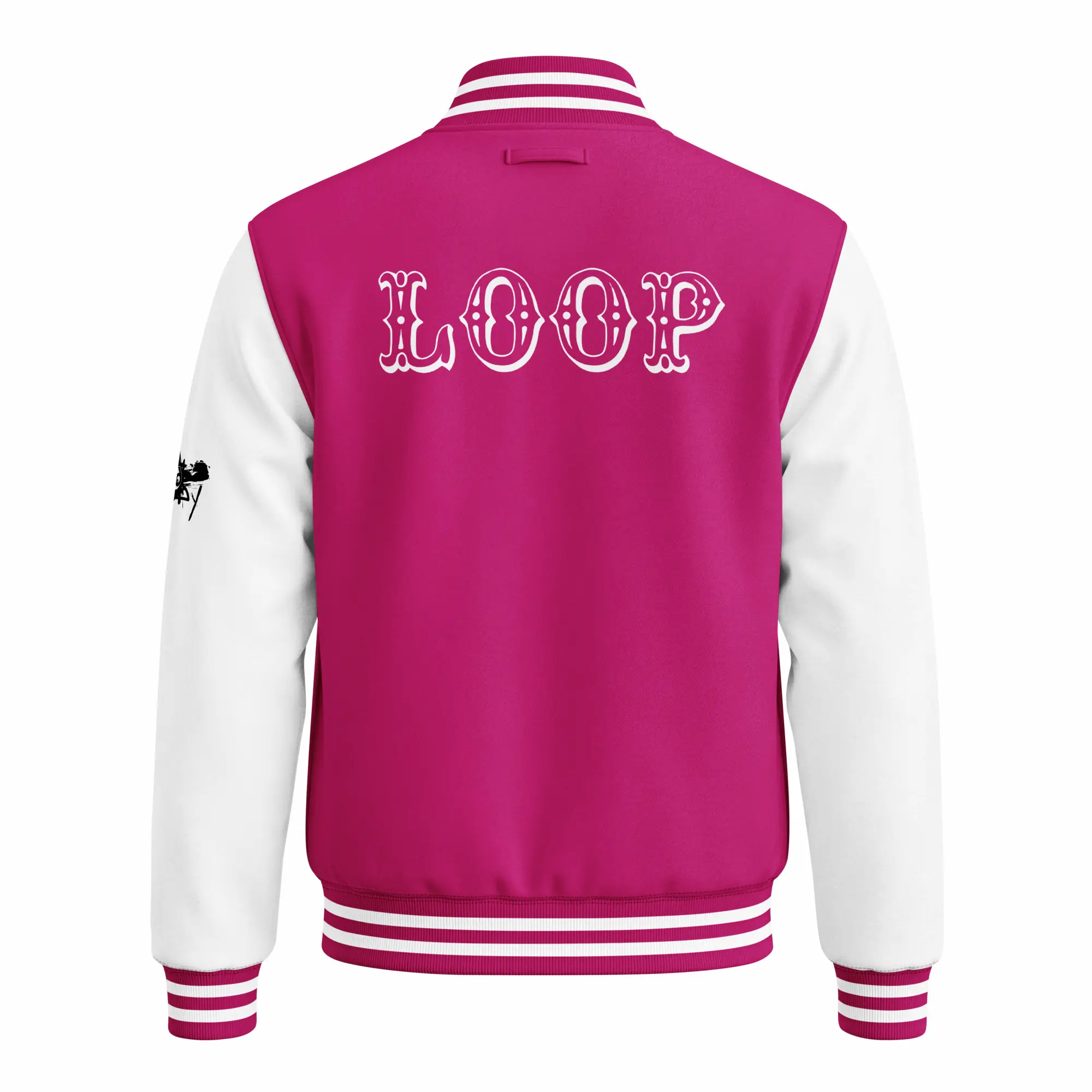 womens varsity jacket hot pink arctic white back