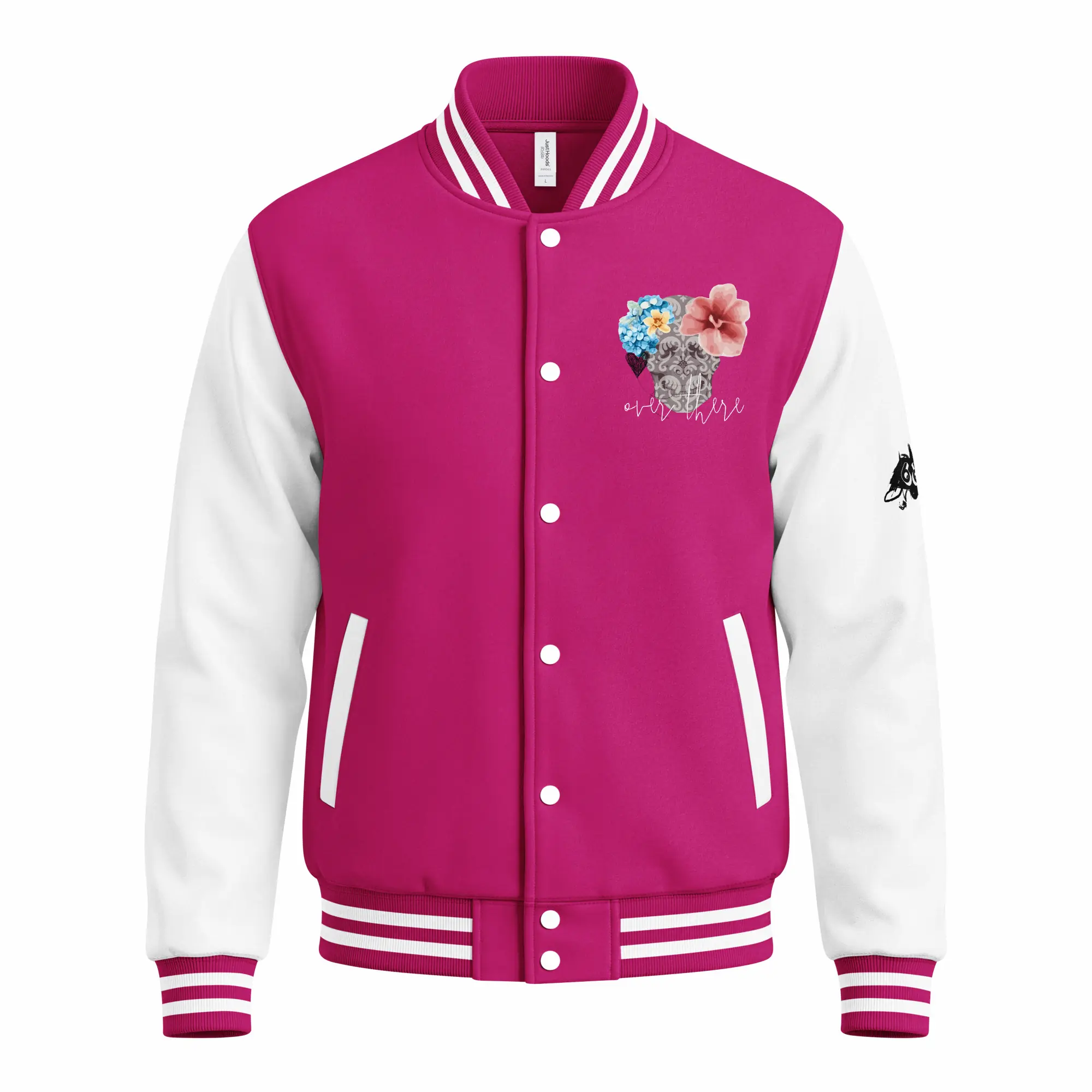womens varsity jacket hot pink arctic white front