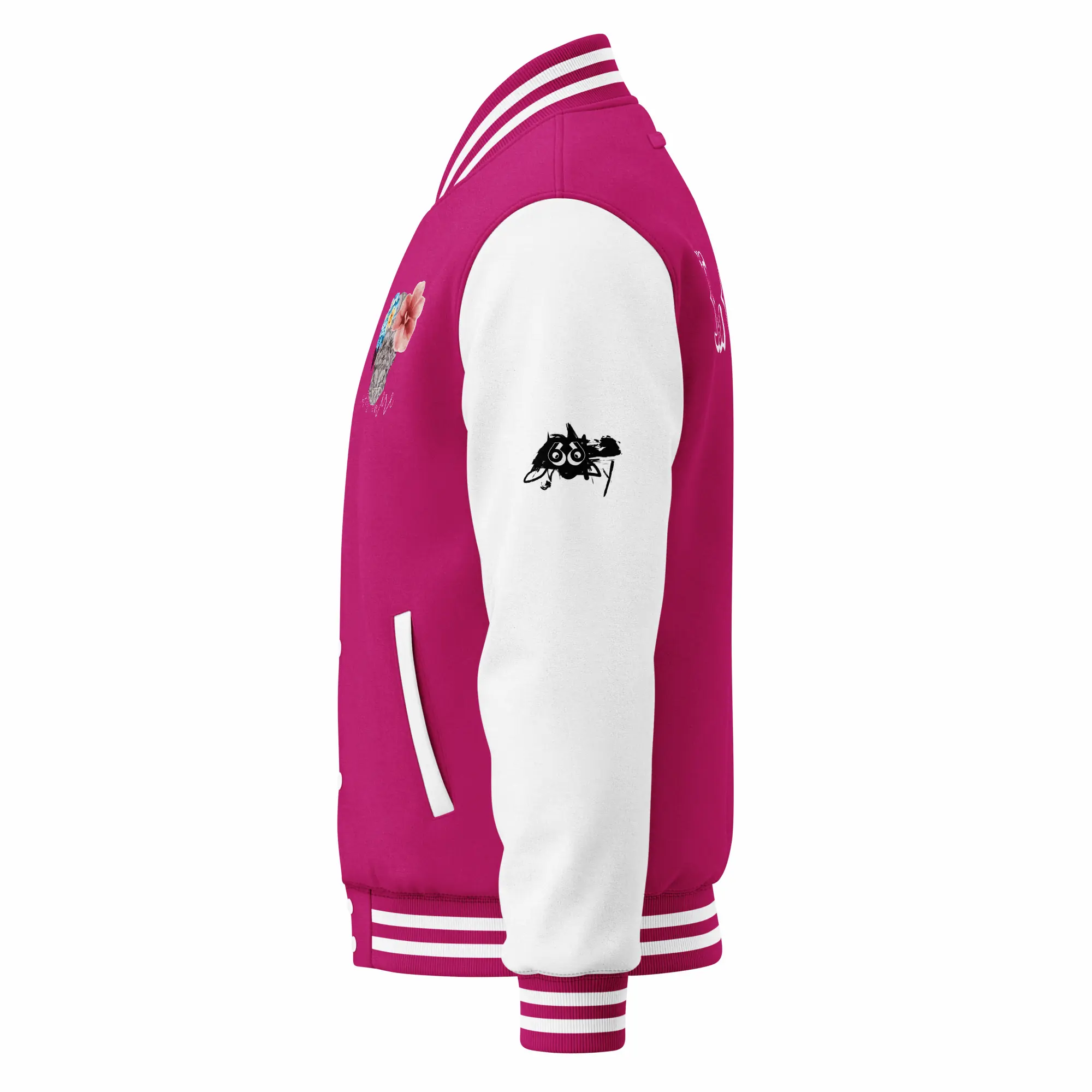 womens varsity jacket hot pink arctic white left