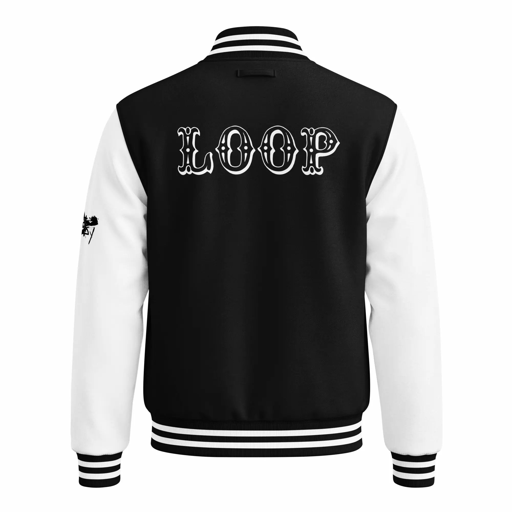 womens varsity jacket jet black arctic white back