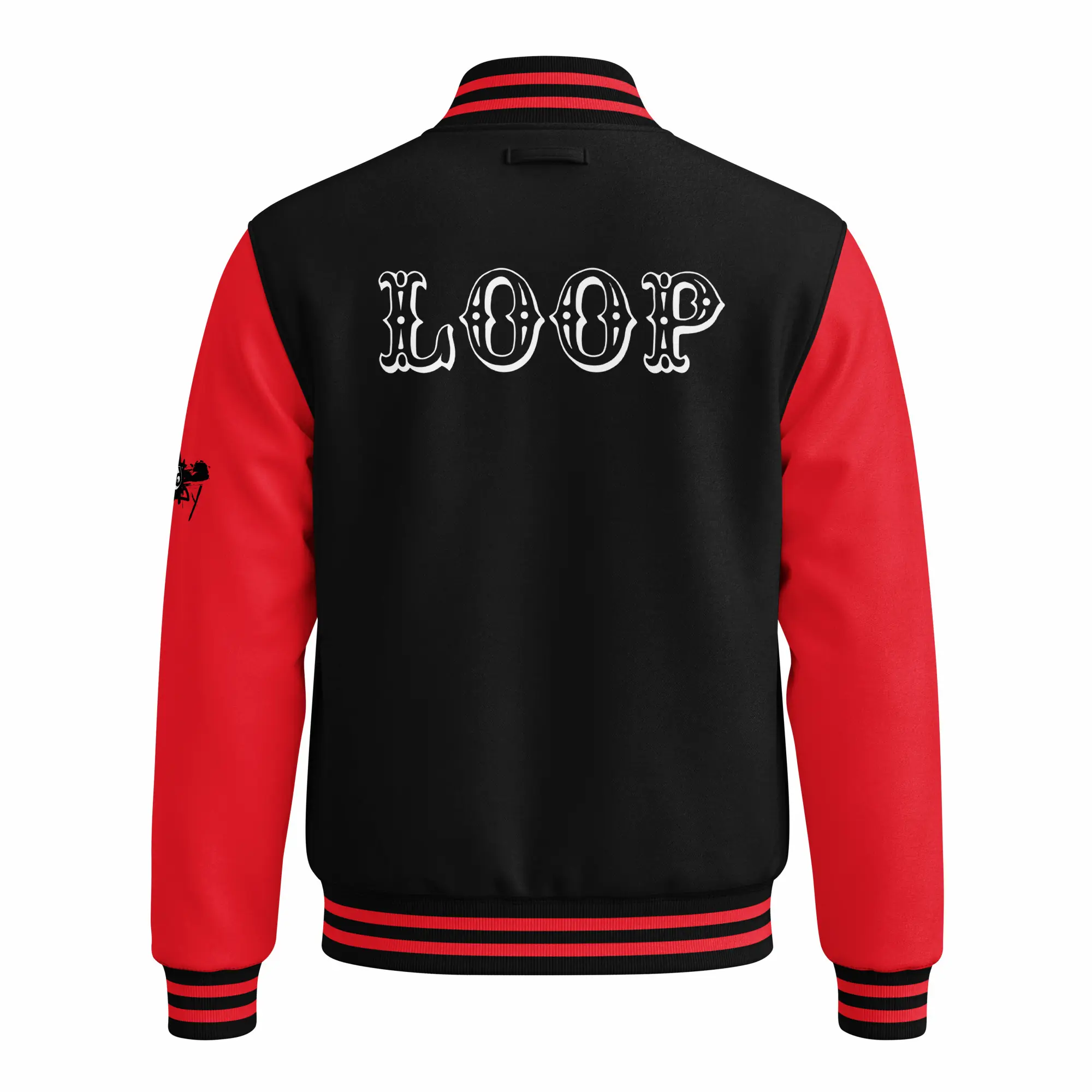 womens varsity jacket jet black fire red back
