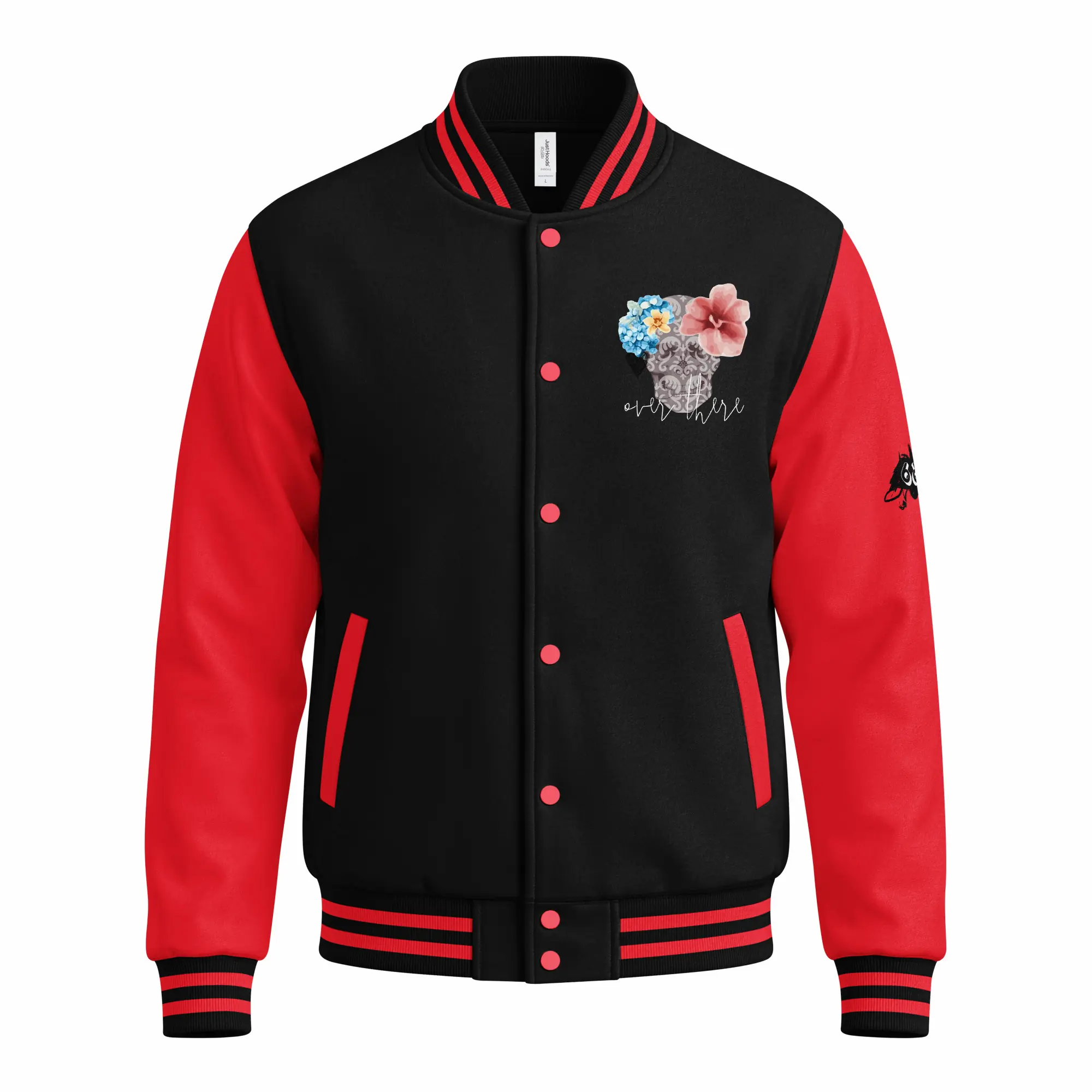 womens varsity jacket jet black fire red front