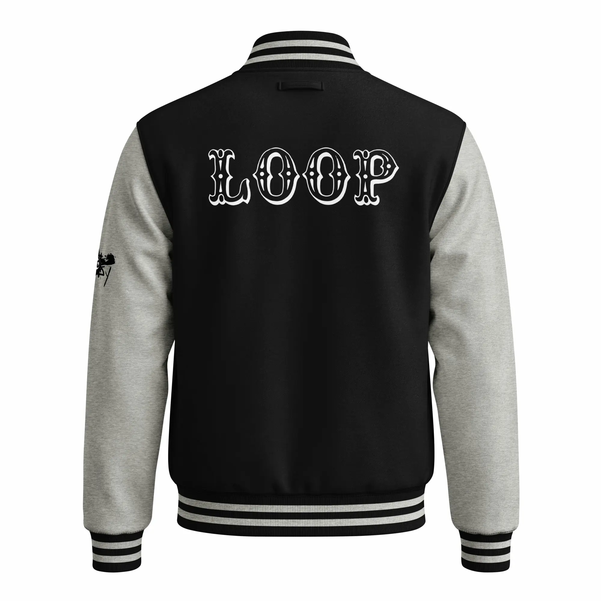 womens varsity jacket jet black heather grey back