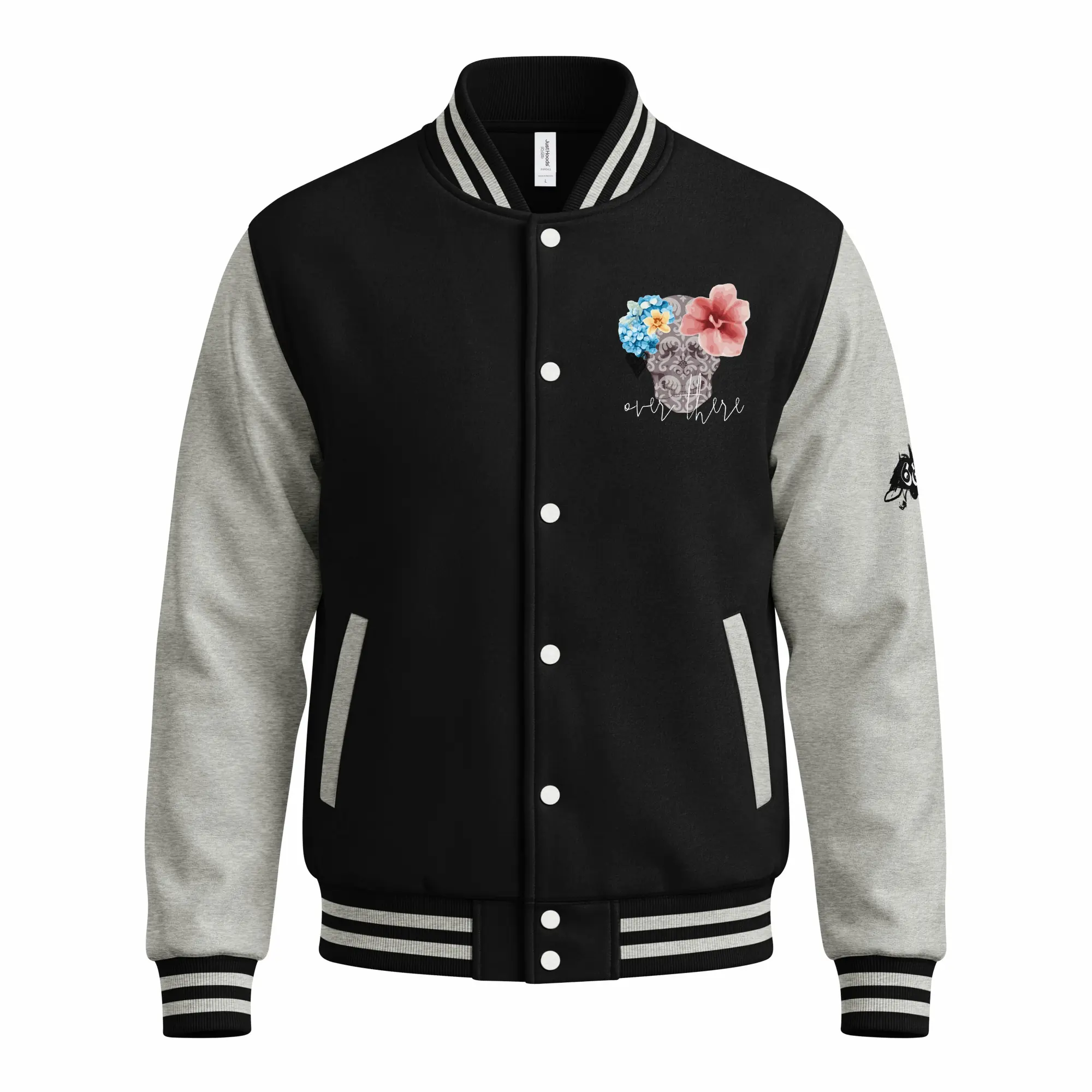 womens varsity jacket jet black heather grey front