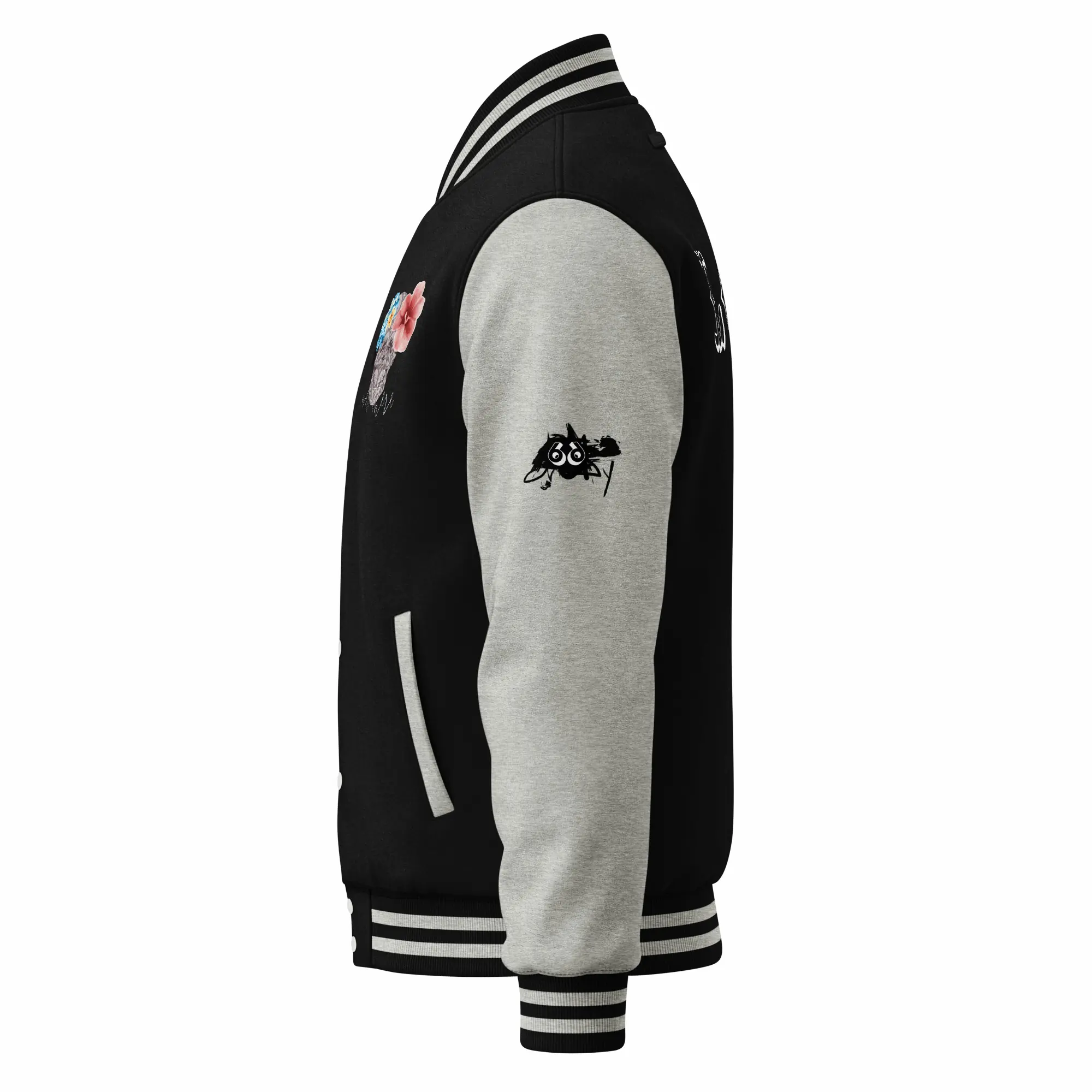 womens varsity jacket jet black heather grey left
