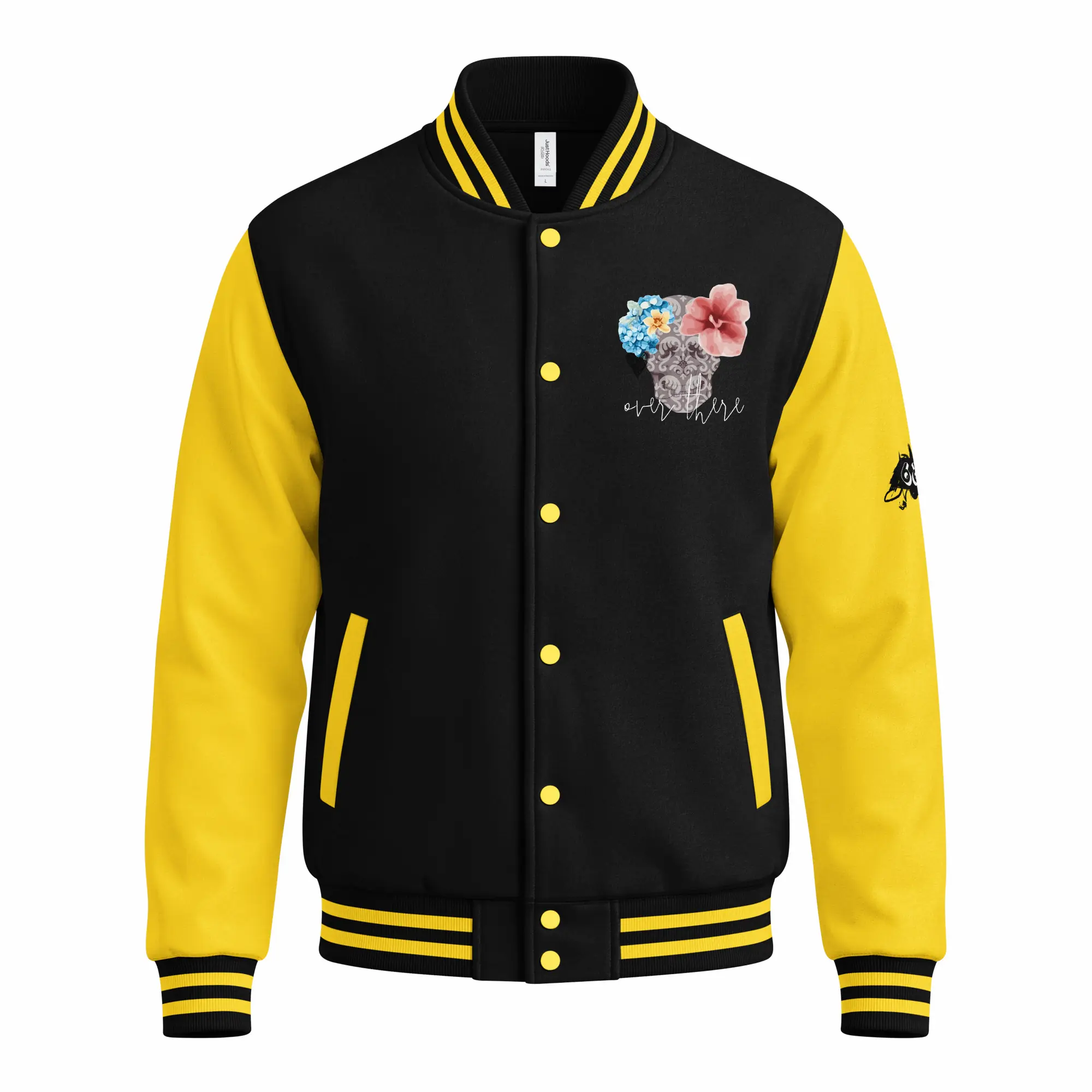 womens varsity jacket jet black sun yellow front