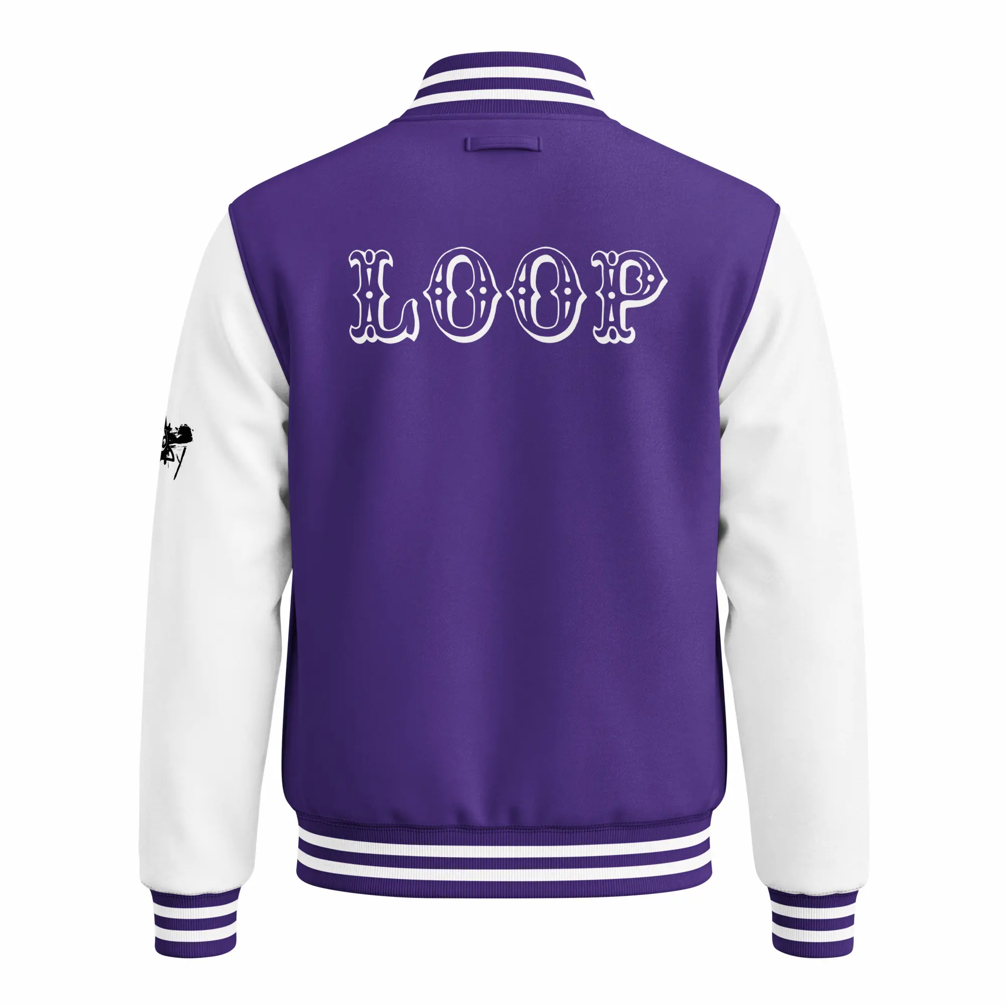 womens varsity jacket purple arctic white back