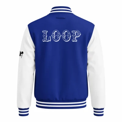 womens varsity jacket royal blue arctic white back