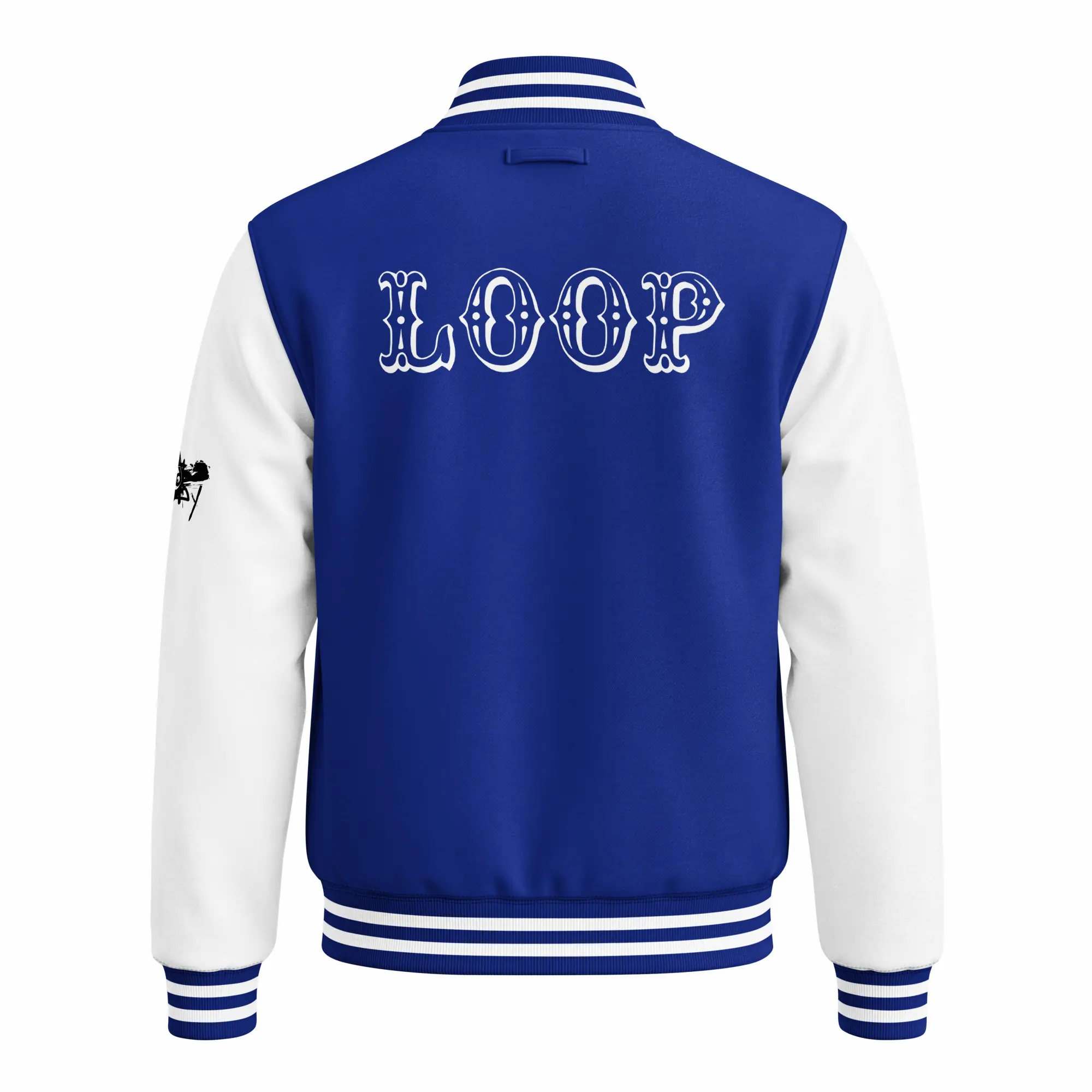 womens varsity jacket royal blue arctic white back