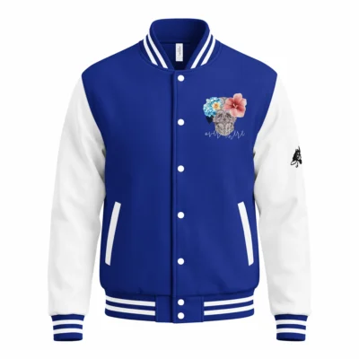 womens varsity jacket royal blue arctic white front