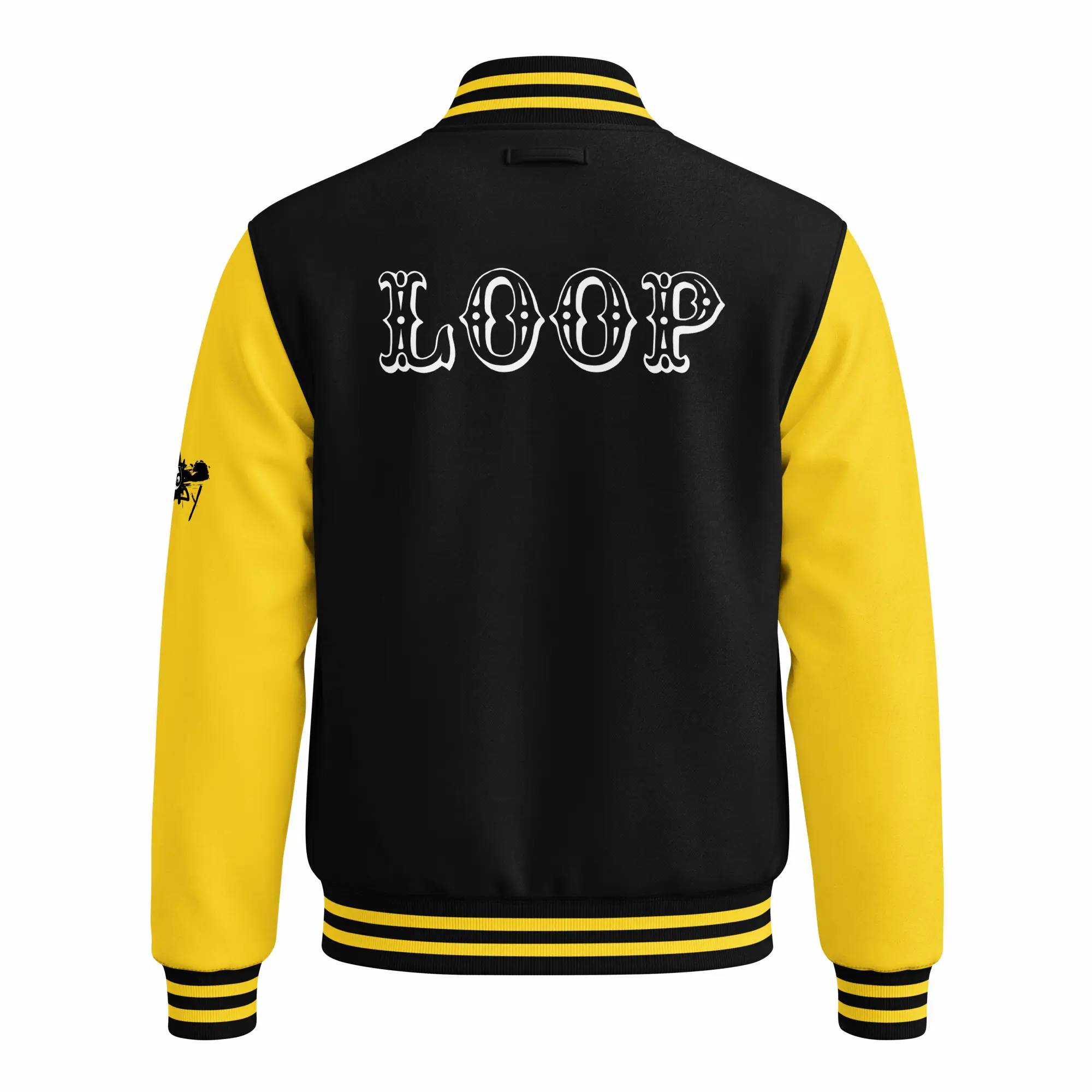 womens varsity jackett jet black sun yellow back