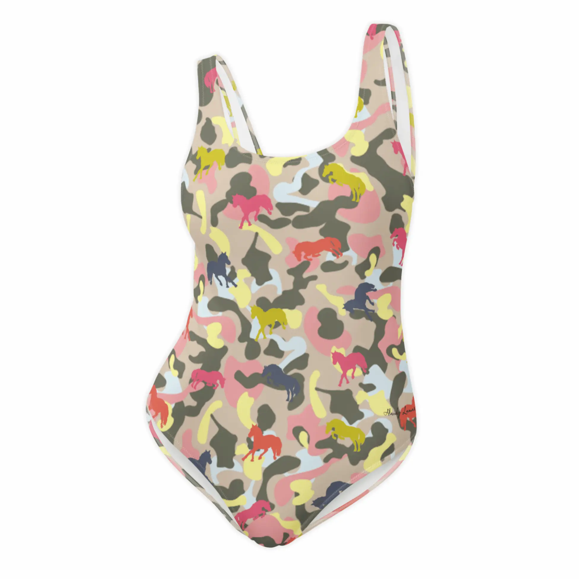 swimsuit one piece – camo sporty glam horses front dynamic